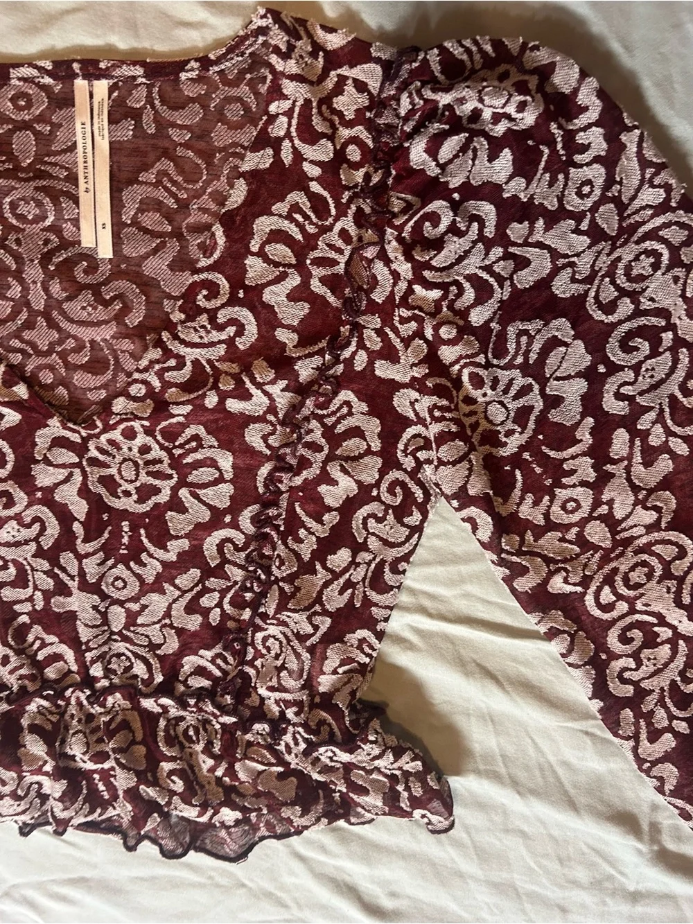 Anthropologie Burgundy Floral Lace Peplum Long Sleeve Top